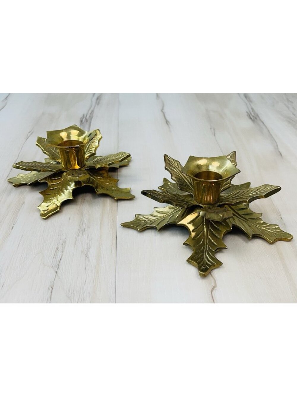 VTG Pair 2 Solid Brass Holly Leaf Taper CANDLESTICK HOLDERS 5.5" Christmas India